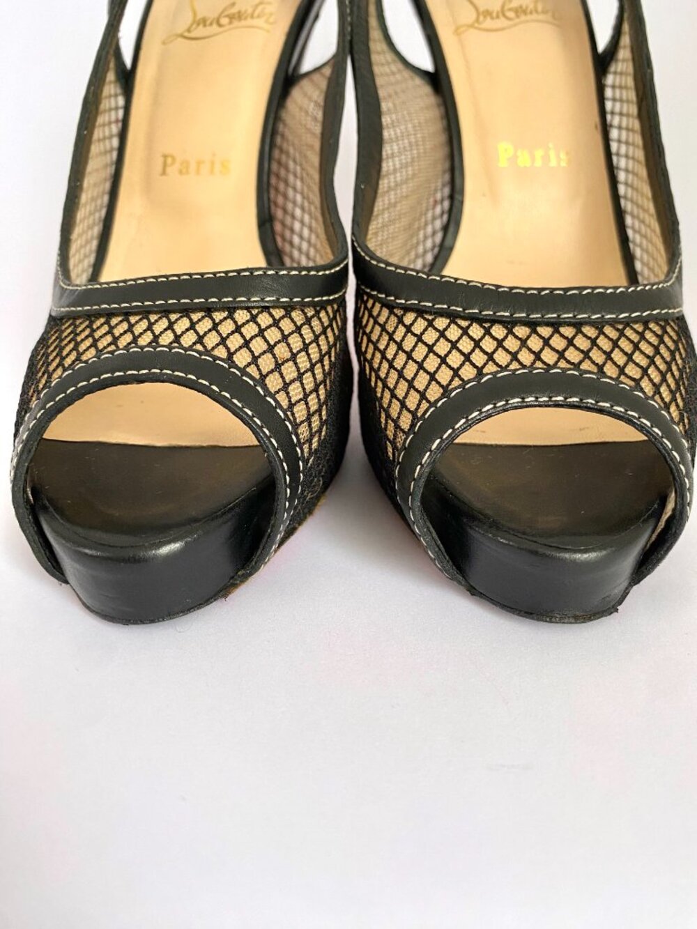 Christian Louboutin Black Mesh Peep-Toe Slingback Platform Heels | Size 38.5 - Picture 10 of 11